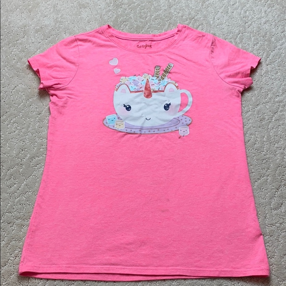 Cat & Jack pink, hot chocolate, unicorn mug shirt